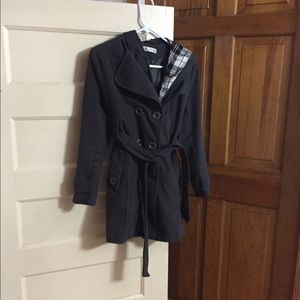 Gray faux-wool plaid hooded jacket